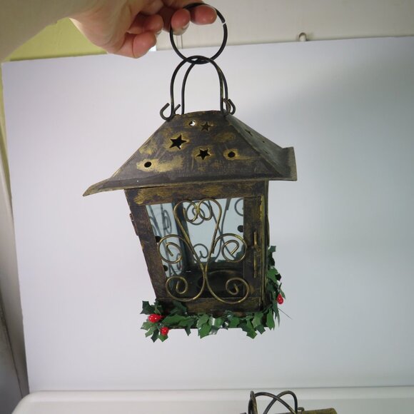 Metal (2) Lanterns Rustic Star cutouts (Holly removable) Glass inserts Door open - Picture 2 of 8